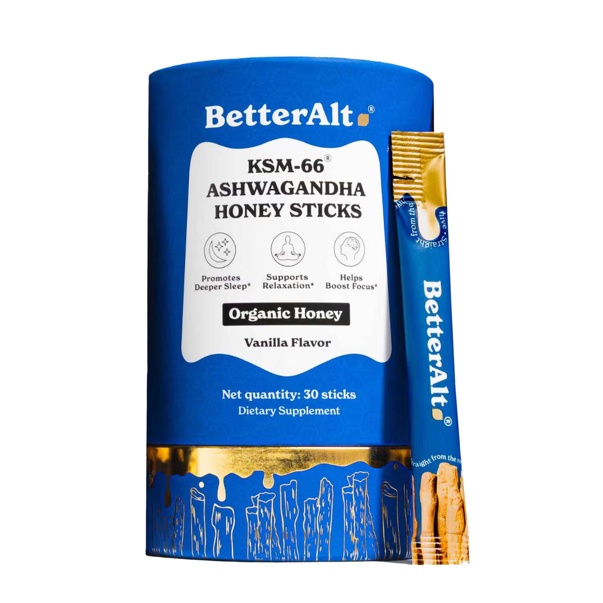 BETTER ALT® KSM-66 Ashwagandha Honey Sticks, pliculete de ashwagandha si miere, 30 pliculete