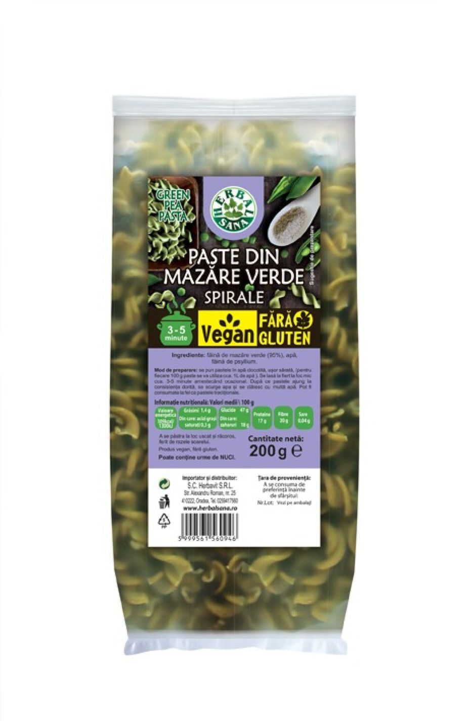 PASTE DIN MAZĂRE VERDE, SPIRALE, VEGAN, FĂRĂ GLUTEN – 200G