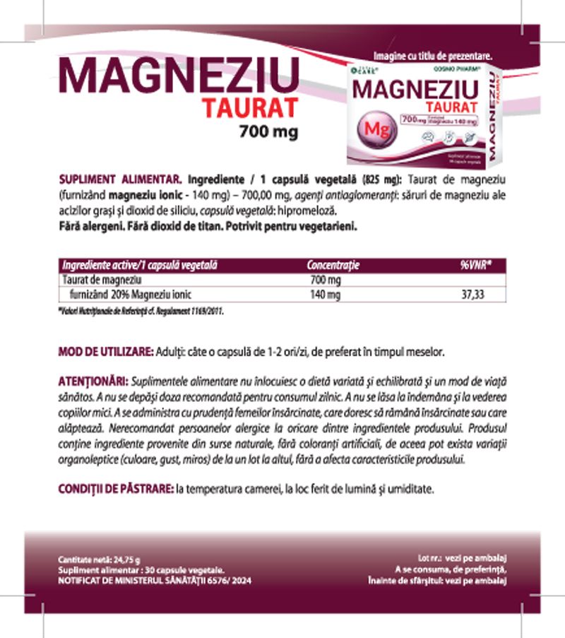 Magneziu Taurat – Magneziu Elemental Pur 140 mg