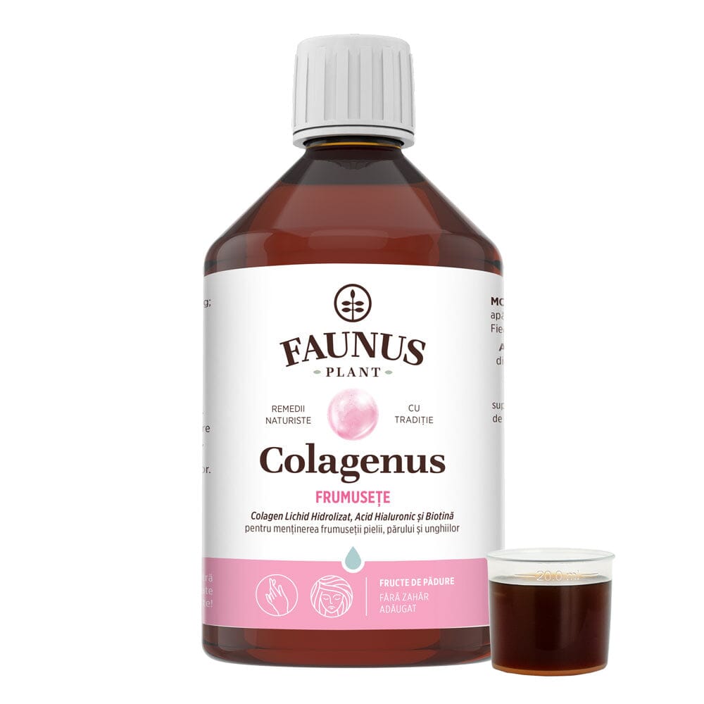 Colagenus Frumusețe - Colagen lichid hidrolizat cu acid hialuronic și biotină. Flacon 500ml. Susține sănătatea și frumusețea pielii, unghiilor și părului. Reduce ridurile și căderea părului. Întărește unghiile