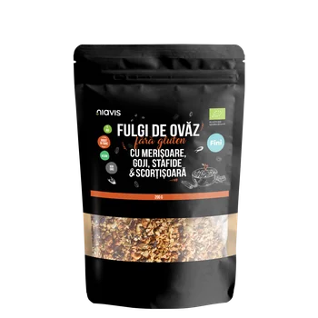 Fulgi de ovaz fini fara gluten cu merisoare, goji, stafide si scortisoara Eco, 200g, Niavis