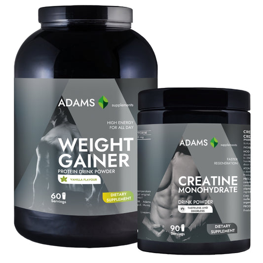 Pachet Proteina pentru cresterea masei musculare (vanilie), 3kg + Creatina monohidrata (fara aroma), 400g