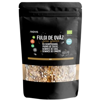 Fulgi de ovaz fini fara gluten cu scortisoara, cocos, chia si seminte de canepa Eco, 200g, Niavis