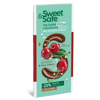 Ciocolata cu indulcitor natural de stevia Sweet&Safe, quinoa si visine, 90g, Sly Nutrition