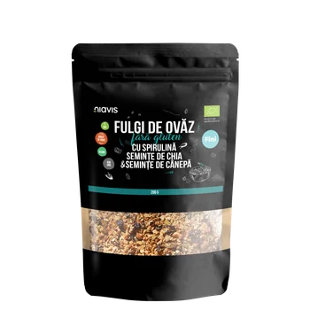 Fulgi de ovaz fini fara gluten cu spirulina, chia si seminte de canepa Eco, 200g, Niavis