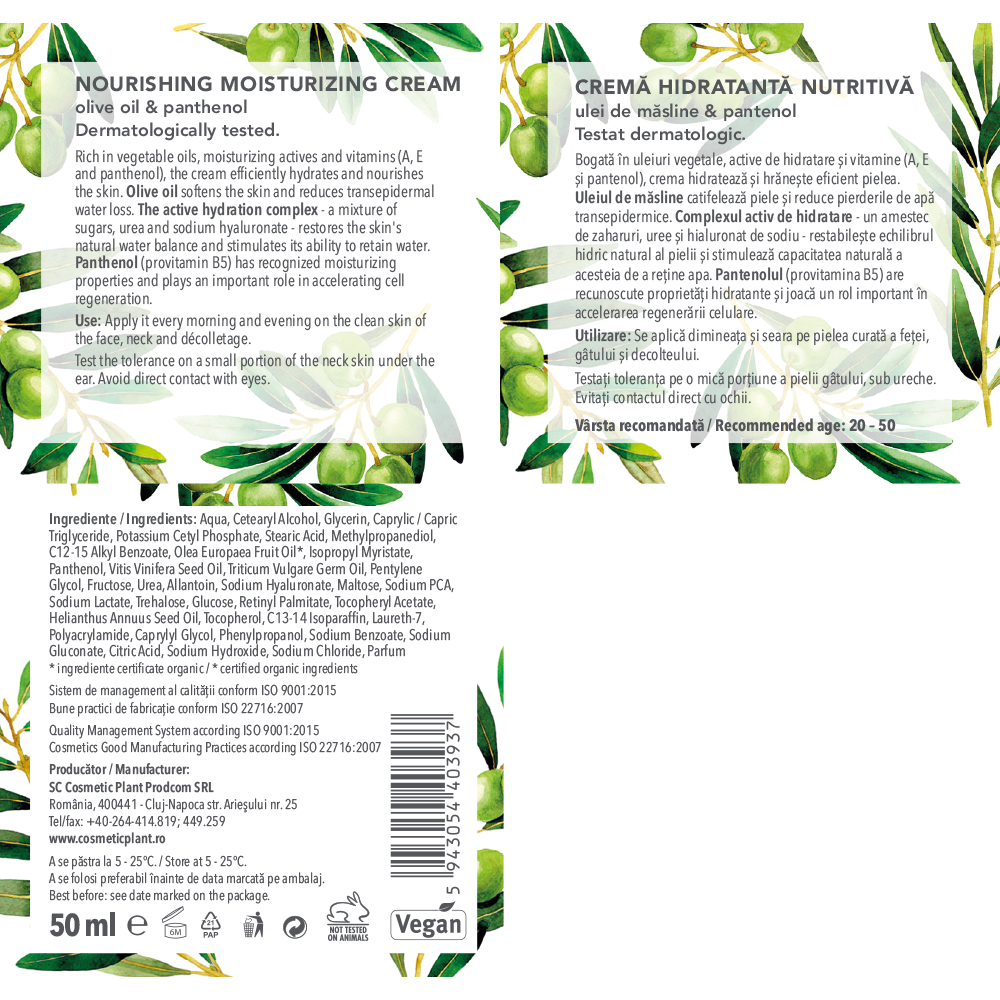 Cremă hidratantă nutritivă ulei de măsline & pantenol