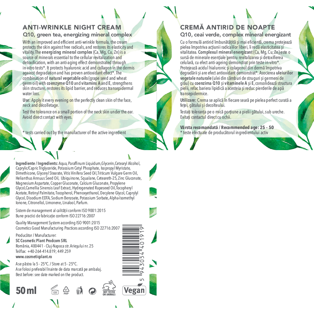 Cremă antirid de noapte Q10 + ceai verde și complex mineral energizant
