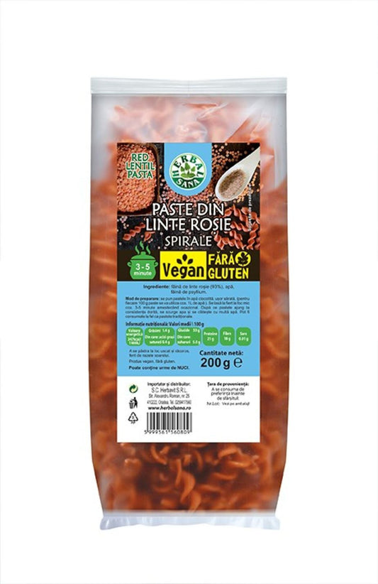 PASTE DIN LINTE ROȘIE, SPIRALE, VEGAN, FĂRĂ GLUTEN – 200G