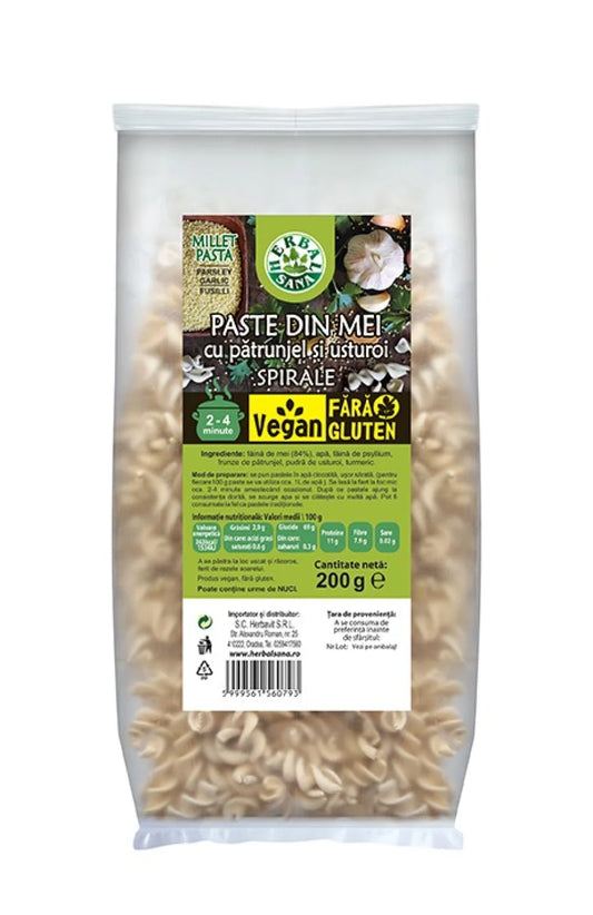 PASTE DIN MEI CU PĂTRUNJEL ȘI USTUROI, SPIRALE, FĂRĂ GLUTEN – 200G