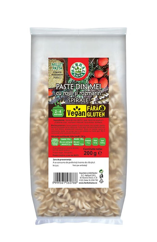PASTE DIN MEI CU ROȘII ȘI ROZMARIN, SPIRALE, VEGAN, FĂRĂ GLUTEN – 200G