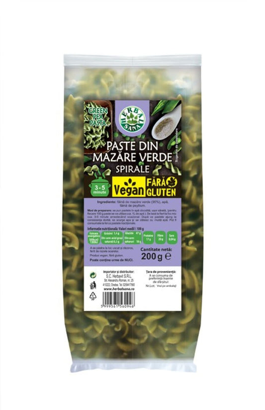 PASTE DIN MAZĂRE VERDE, SPIRALE, VEGAN, FĂRĂ GLUTEN – 200G