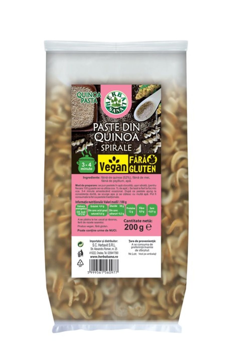 PASTE DIN QUINOA, SPIRALE, VEGAN, FĂRĂ GLUTEN – 200G