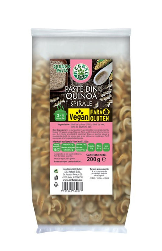 PASTE DIN QUINOA, SPIRALE, VEGAN, FĂRĂ GLUTEN – 200G