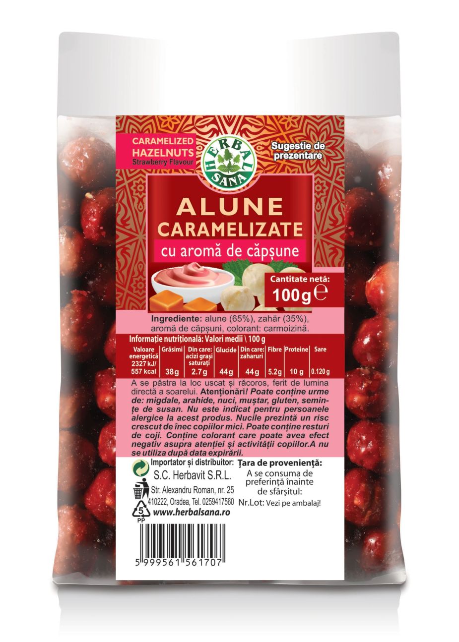 ALUNE CARAMELIZATE CU AROMĂ DE CĂPȘUNE – 100G