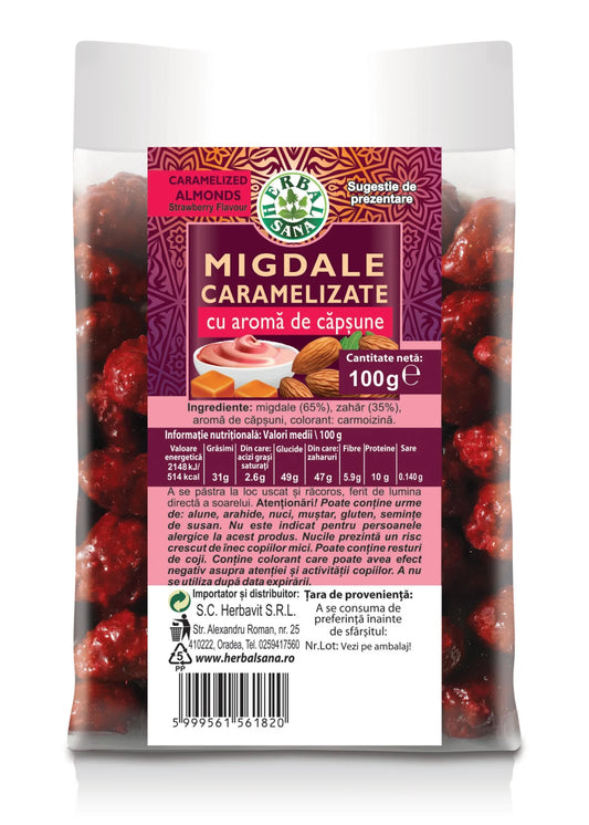 MIGDALE CARAMELIZATE CU AROMĂ DE CĂPȘUNE – 100G