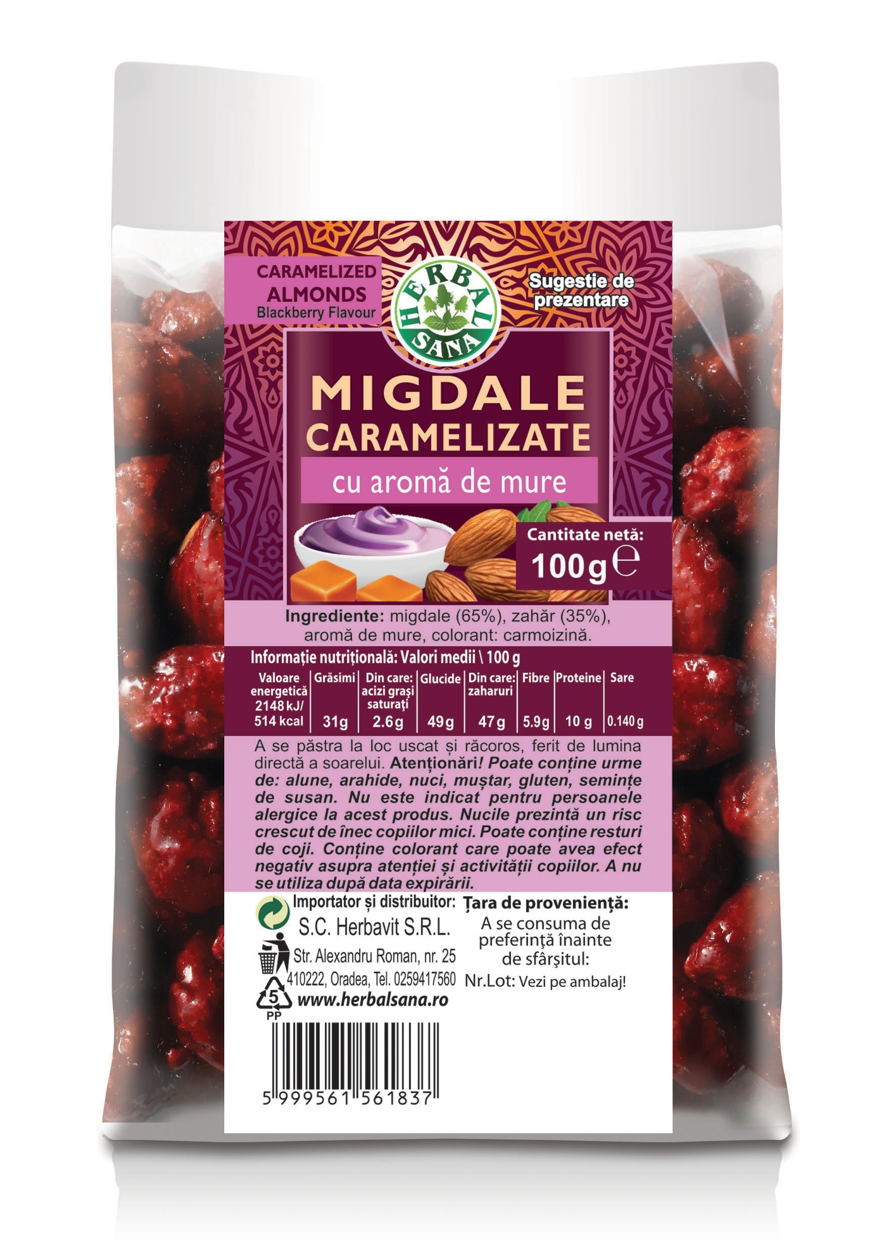 MIGDALE CARAMELIZATE CU AROMĂ DE MURE – 100G