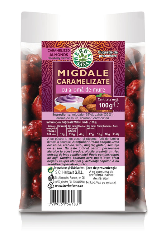MIGDALE CARAMELIZATE CU AROMĂ DE MURE – 100G