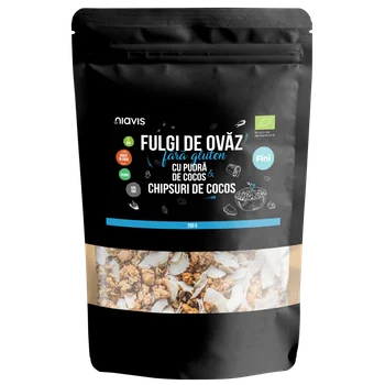 Fulgi de ovaz fini fara gluten cu pudra si chipsuri de cocos Eco, 200g, Niavis