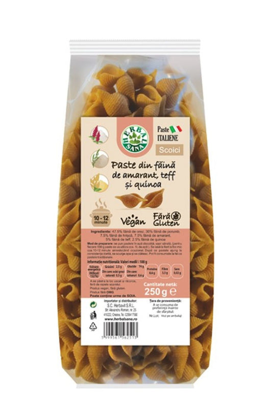 PASTE DIN FĂINĂ DE AMARANT, TEFF ȘI QUINOA, SCOICI – 250G