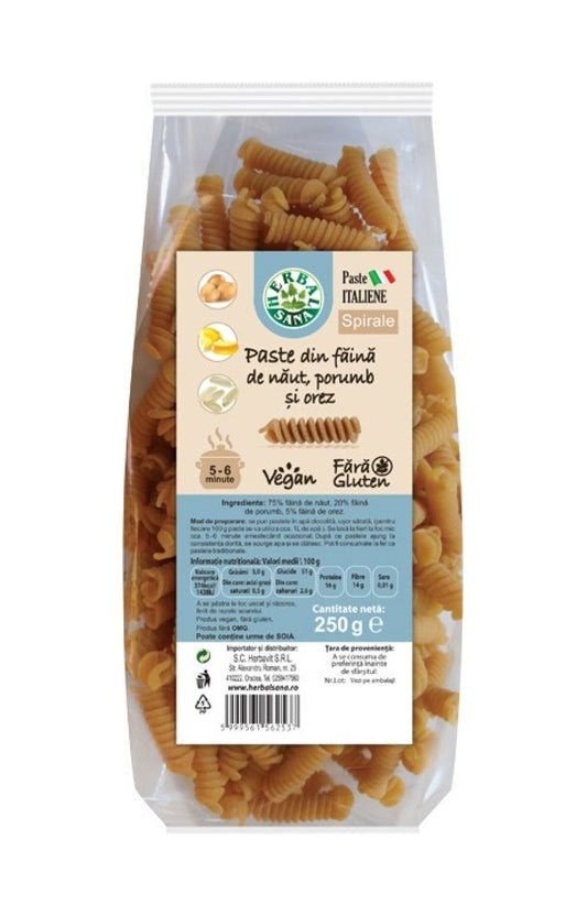 PASTE DIN FĂINĂ DE NĂUT, PORUMB ȘI OREZ, SPIRALE – 250G