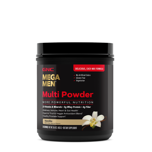 GNC Mega Men® Multi Powder, Pudra cu Multivitamine, Proteine si Verdeturi cu Aroma de Vanilie, 465 G