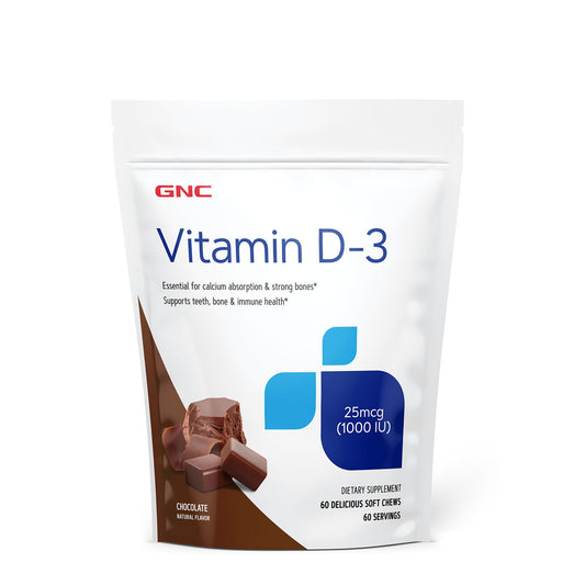 GNC Vitamin Soft Chews D-3 1000 IU, Vitamina D-3 1000 UI Naturala 100% din Lanolina, cu Aroma de Ciocolata, 60 Caramele