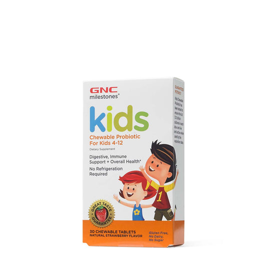 GNC Milestones® Kids Chewable Probiotic, Probiotic LAB4® Studiat Clinic Masticabil Pentru Copii 4-12 ani, cu Aroma Naturala de Capsuni, 30 tb