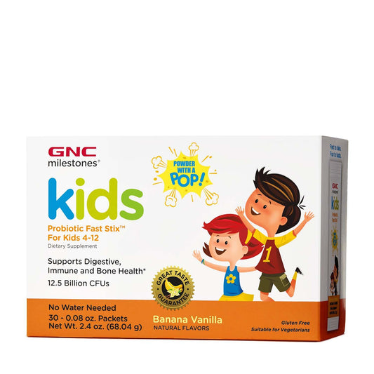 GNC Milestones® Kids Microbio Complex Fast Stix, Probiotic LAB4® Studiat Clinic pentru Copii 4+ Ani cu Aroma de Vanilie si Banane, 30 Plicuri