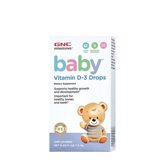 GNC Milestones® Baby™ Vitamin D-3 Drops, Vitamina D-3 Picaturi Pentru Bebelusi Naturala 100% din Lanolina, 7.5 ml