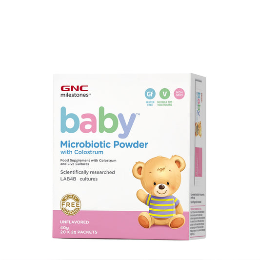 GNC Milestones® Baby™ Microbiotic Pudra LAB4B® Studiat Clinic cu Colostru, Fara Aroma, 20 Pliculete