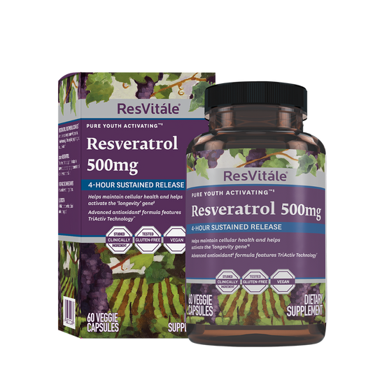 ResVitale™ Resveratrol 500 mg cu Quercetina, Formula Avansata TriActiv™ pentru activarea Genei Longevitatii cu Trans-Resveratrol, 60 cps