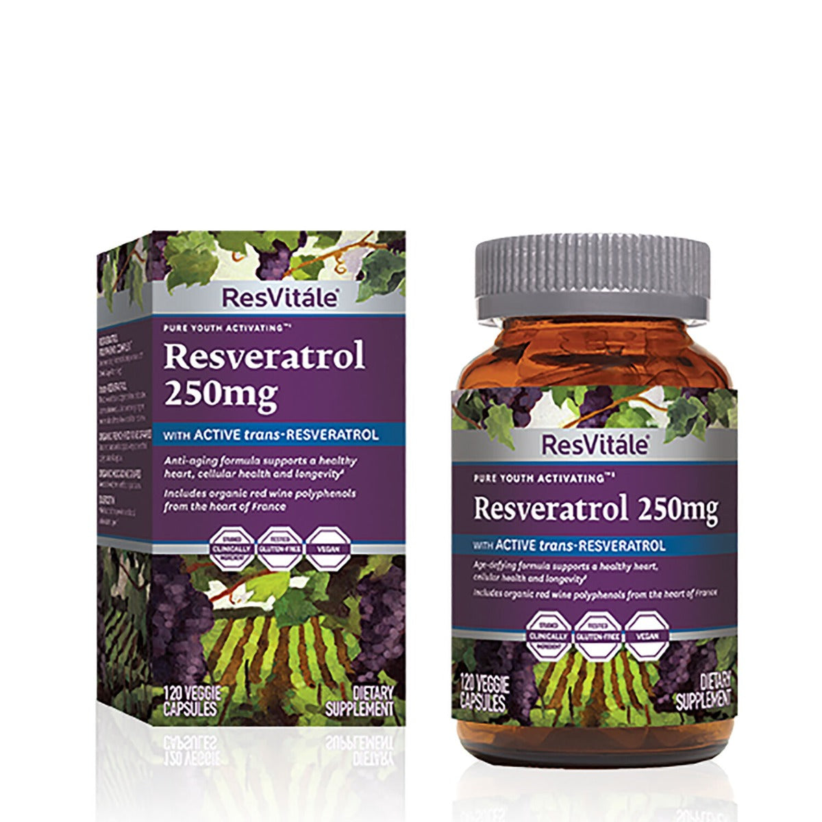 ResVitale™ Resveratrol 250 mg cu Quercetina, Formula Avansata TriActiv™ pentru activarea Genei Longevitatii cu Trans-Resveratrol, 120 Cps