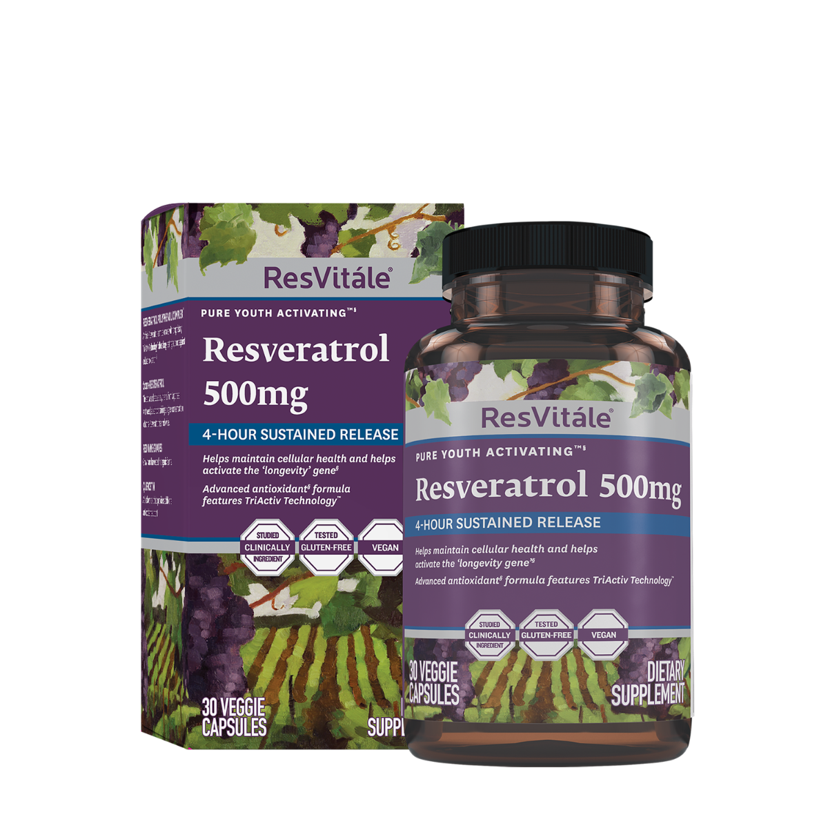 ResVitale™ Resveratrol 500 mg cu Quercetina, Formula Avansata TriActiv™ pentru activarea Genei Longevitatii cu Trans-Resveratrol, 30 cps