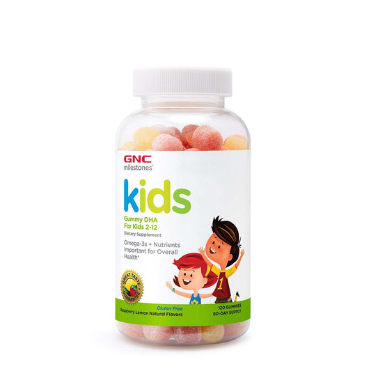 GNC Milestones® Kids Gummy DHA, Acizi Grasi Omega-3 pentru Copii 2-12 Ani, cu Aroma Naturala de Zmeura si Lamaie, 120 Jeleuri