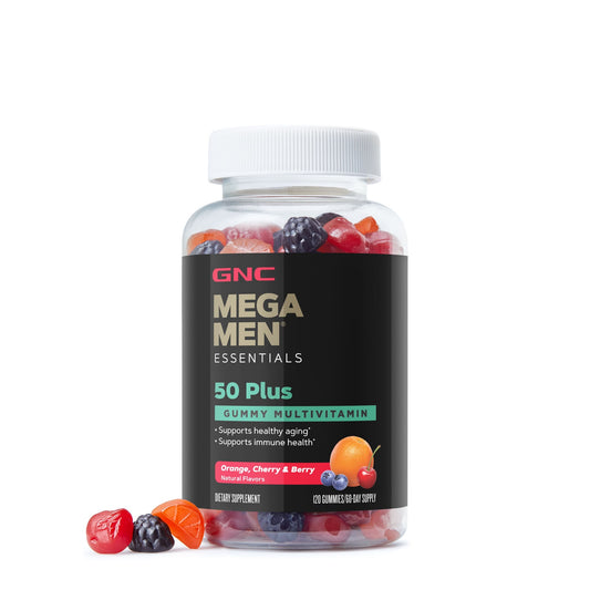 GNC Mega Men® Essentials Gummy Multivitamin 50 Plus, Jeleuri cu Multivitamine pentru Barbati 50+ cu Aroma de Fructe Asortate, 120 jeleuri