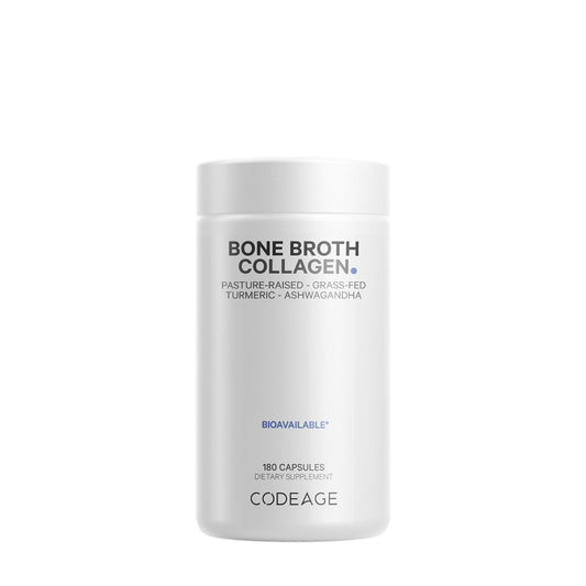 CodeAge Bone Broth Collagen Peptides, Peptide din Colagen de Tipul I, II & III din Fiertura de Oase cu Turmeric si Ashwagandha, 180 Cps