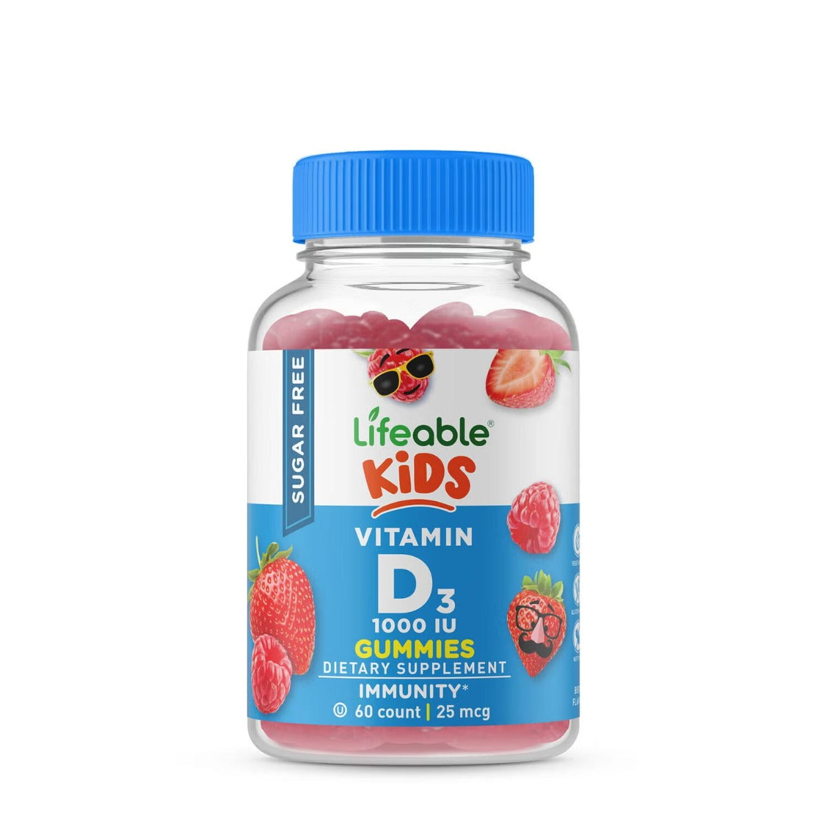 Lifeable™ Sugar Free Kids Vitamin D3 1000IU, vitamina D3 jeleuri fara zahar, cu aroma naturala de fructe de padure, 60 jeleuri