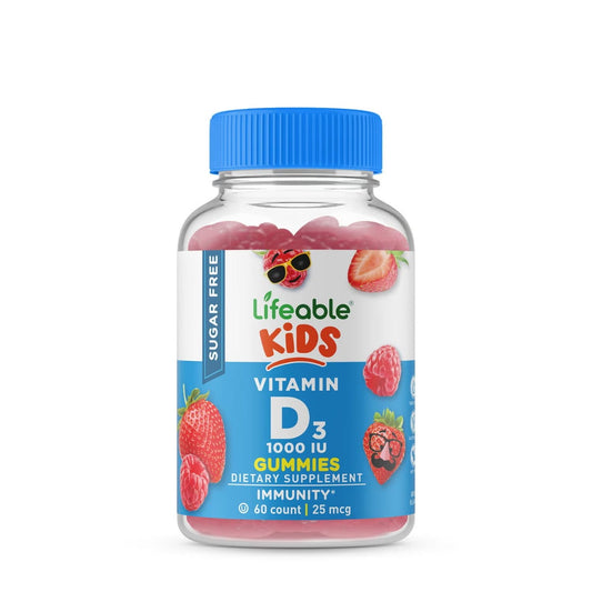 Lifeable™ Sugar Free Kids Vitamin D3 1000IU, vitamina D3 jeleuri fara zahar, cu aroma naturala de fructe de padure, 60 jeleuri