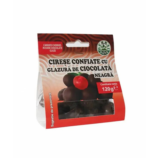 Cireșe confiate cu glazură de ciocolată neagră, 120 g, Herbal Sana