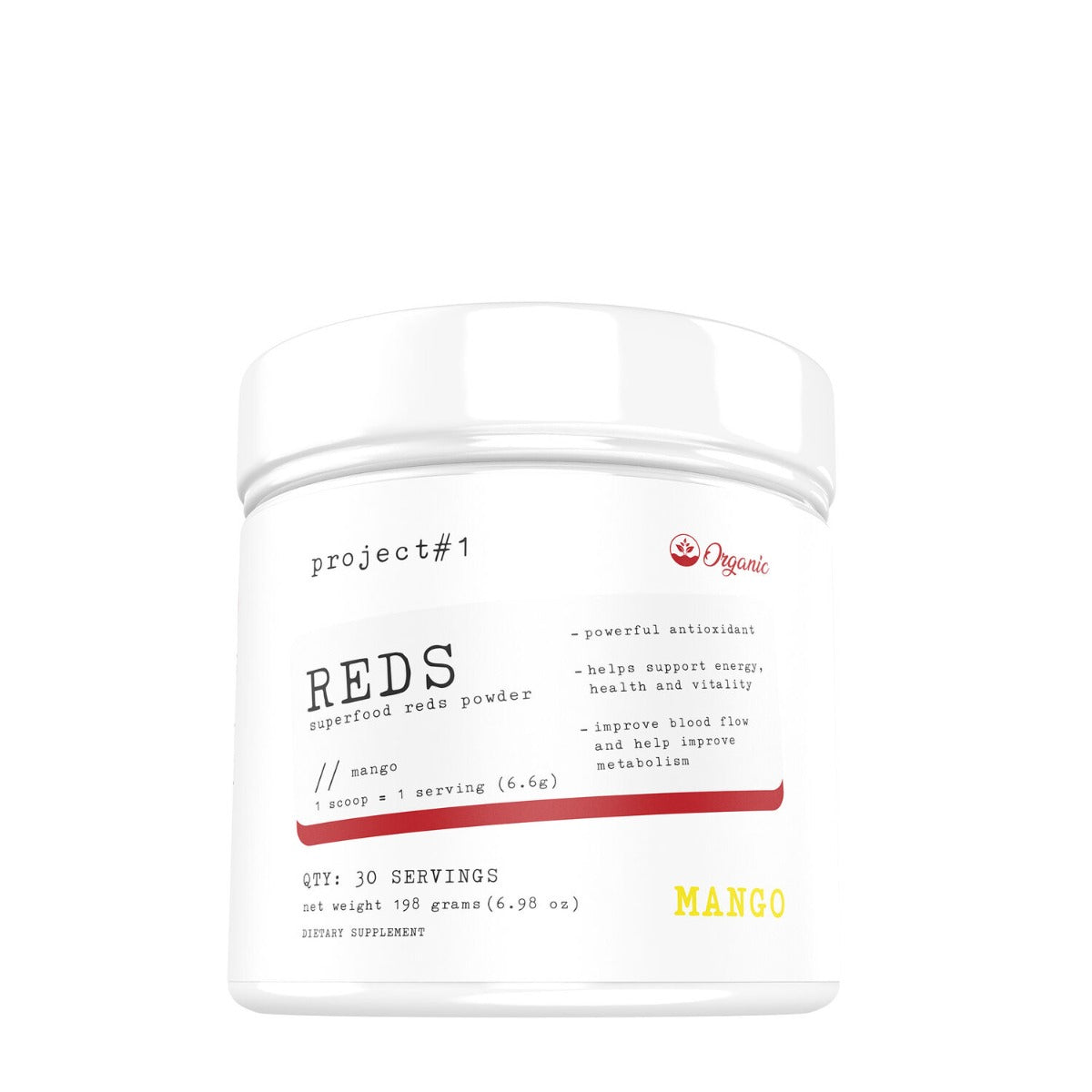 Project 1 Reds Superfood Mango Flavor, Amestec de Super-Alimente cu Aroma de Mango, 198 g