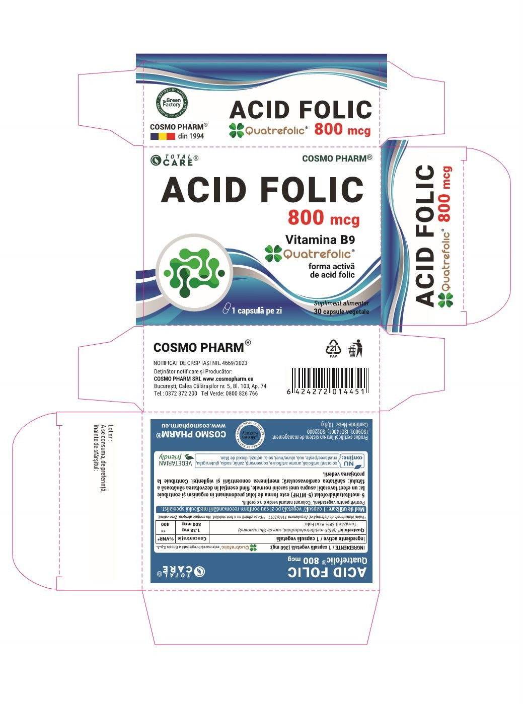 Acid Folic Quatrefolic® 800 mcg – forma bioactivă si naturala (5-MTHF)