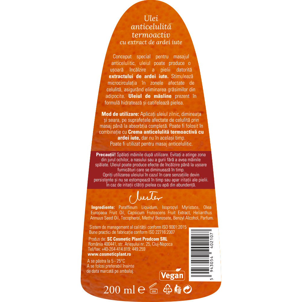 Ulei anticelulită termoactiv cu extract de ardei iute - 200 ml
