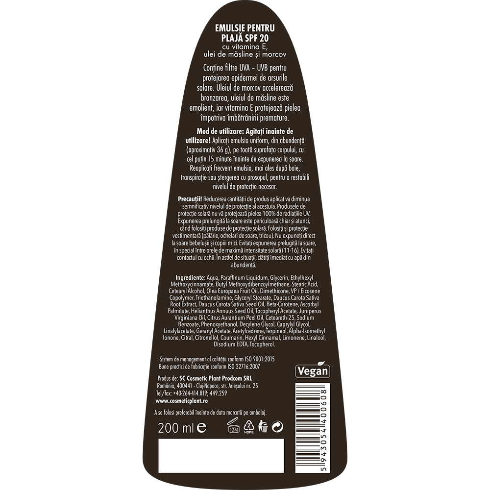 Emulsie plajă OLIV SPF20 cu ulei de morcov și măsline