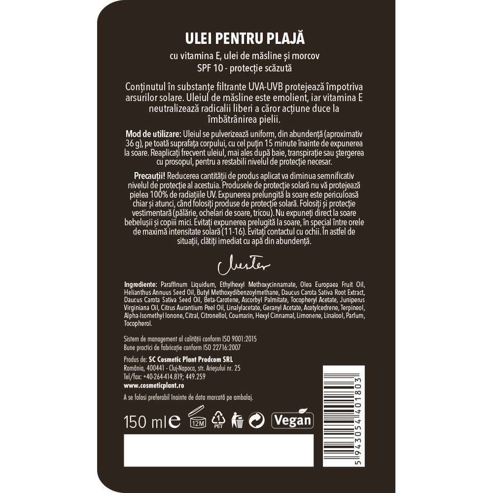 Ulei pentru plajă OLIV SPF 10 cu ulei de morcov, ulei de măsline și vitamina E (150 ml)