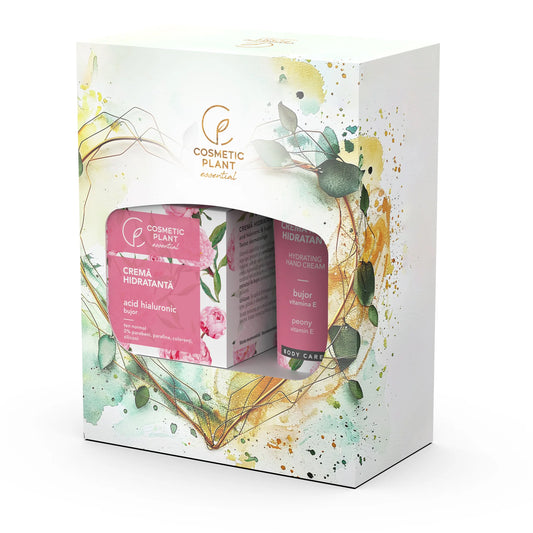 Set cadou Essential - Cremă hidratantă cu acid hialuronic & bujor 50 ml + Cremă mâini hidratantă cu bujor 100 ml, Cosmetic Plant