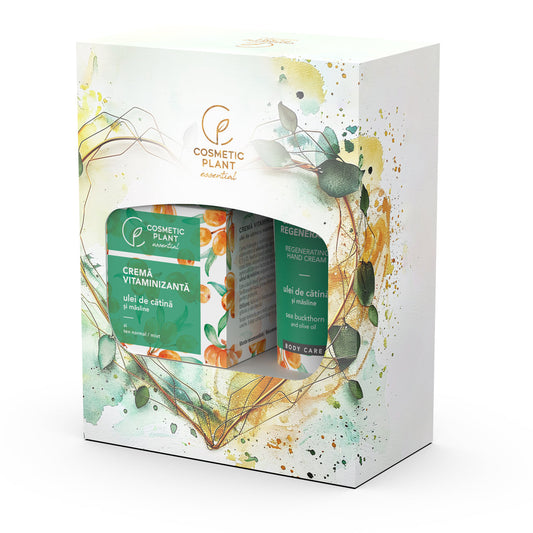 Set cadou Essential - Cremă vitaminizantă de zi cu ulei de cătină și măsline 50 ml + Cremă mâini regenerantă cu ulei de cătină și măsline 100 ml