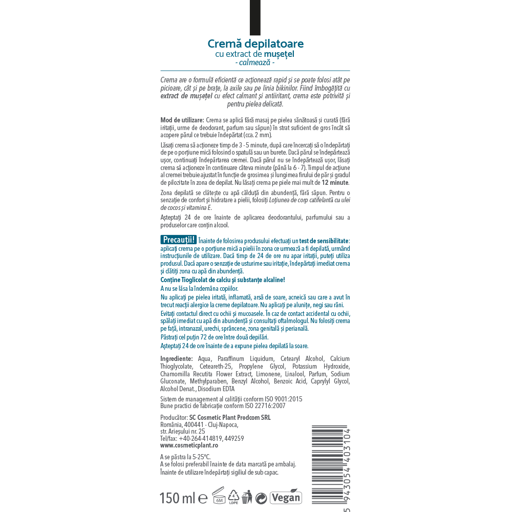 Cremă depilatoare cu extract de mușețel