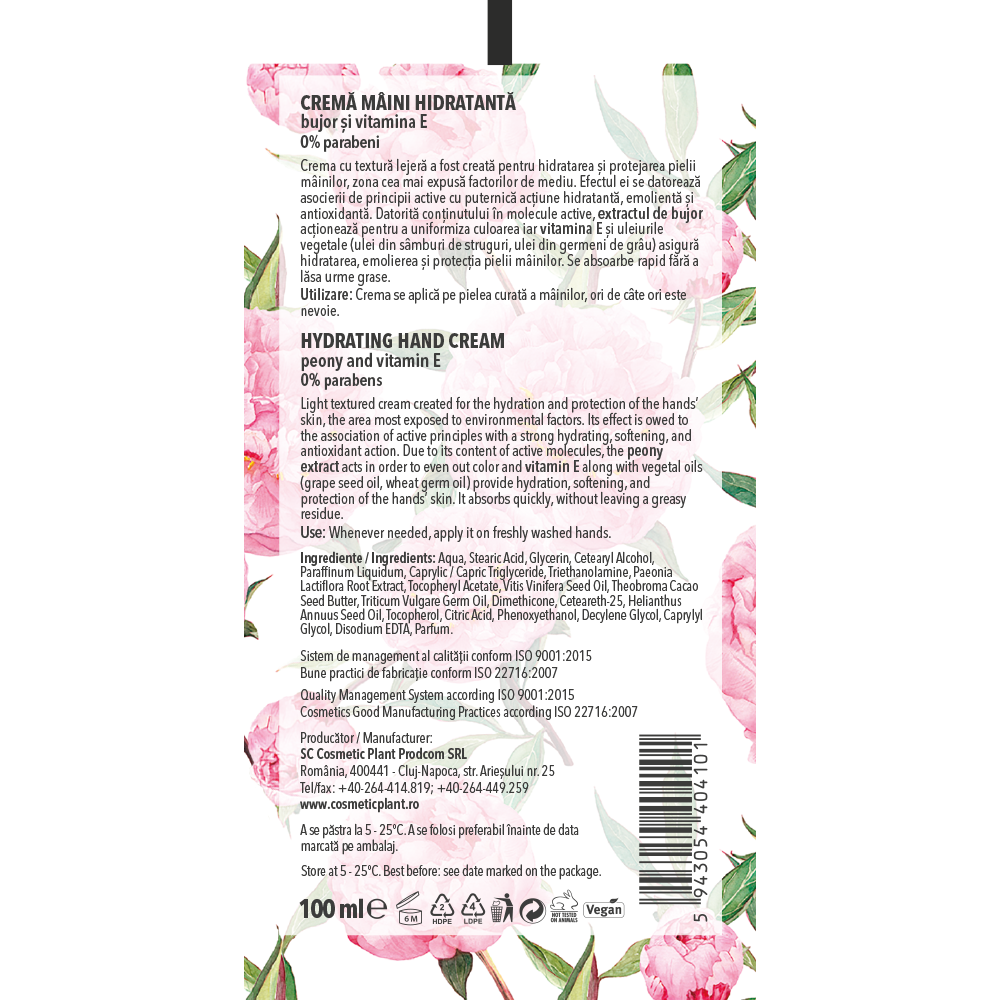 Cremă mâini hidratantă cu acid hialuronic, bujor & vitamina E
