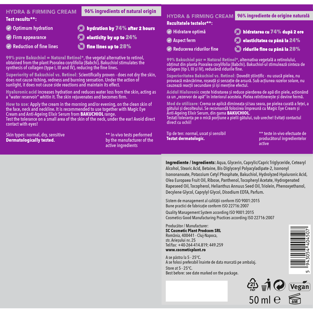 BAKUCHIOL – Hydra & Firming Cream cu Bakuchiol 99% puritate (Natural Retinol*) și Acid Hialuronic