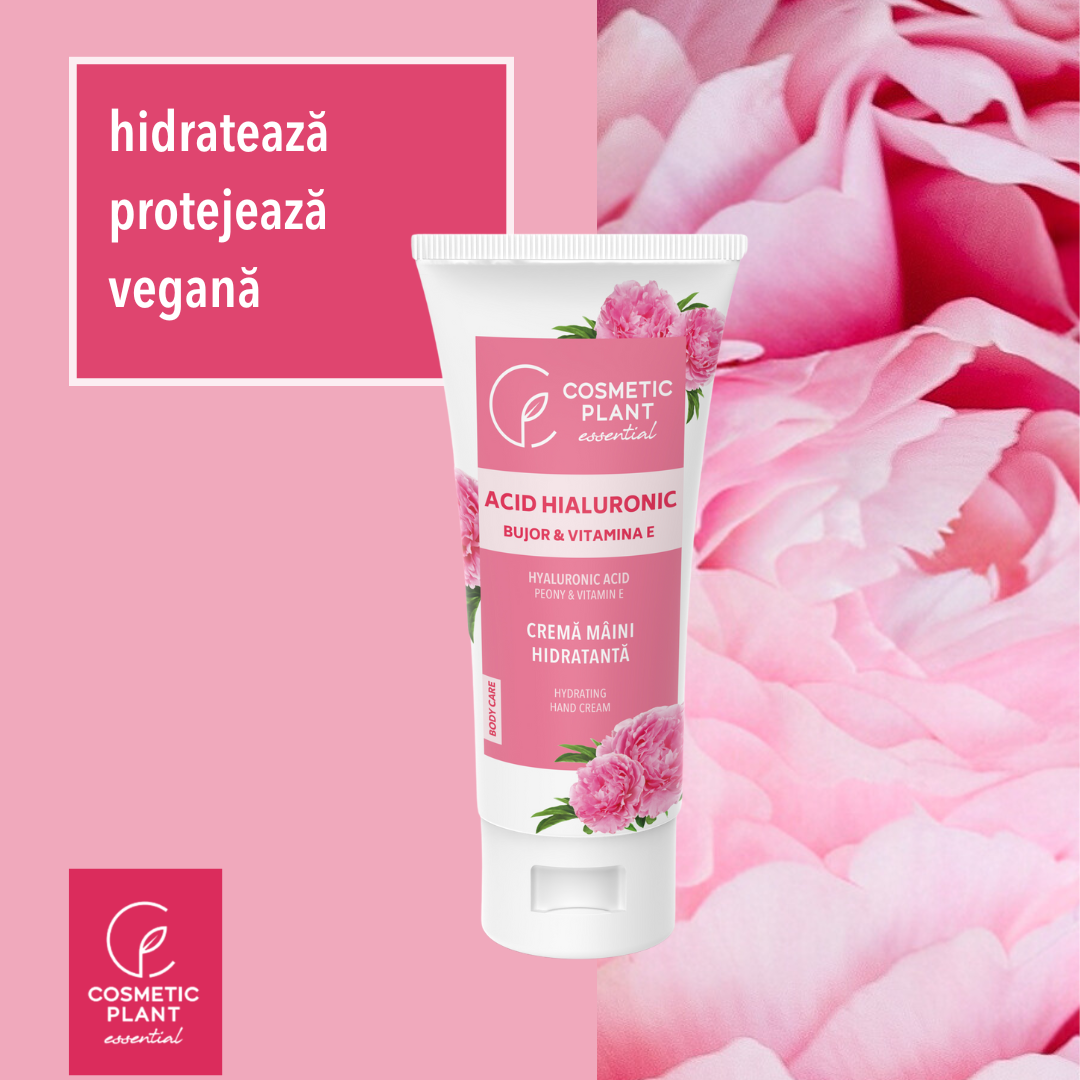 Cremă mâini hidratantă cu acid hialuronic, bujor & vitamina E